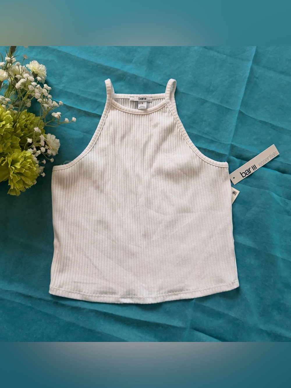Bar III White Ribbed High Neck Sleeveless Bodycon Crop Top